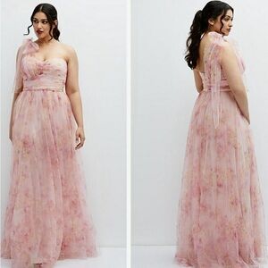 Dessy Collection Floral Scarf Tie One-Shoulder Tulle Maxi Dress Rose Garden SZ 2